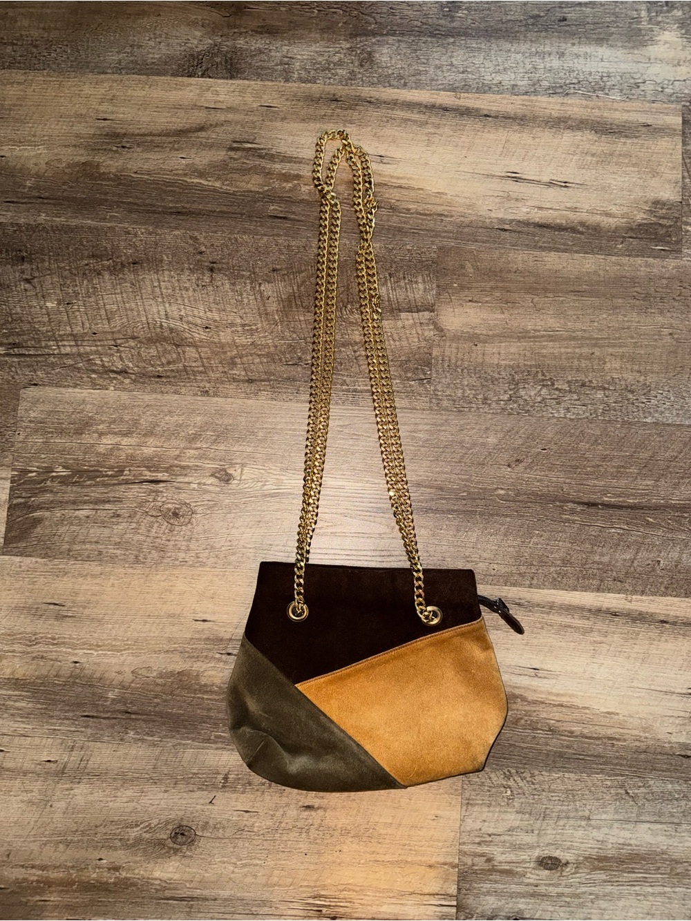 Vintage Colorblock Suede Chain Shoulder Bag in Brown and Tan